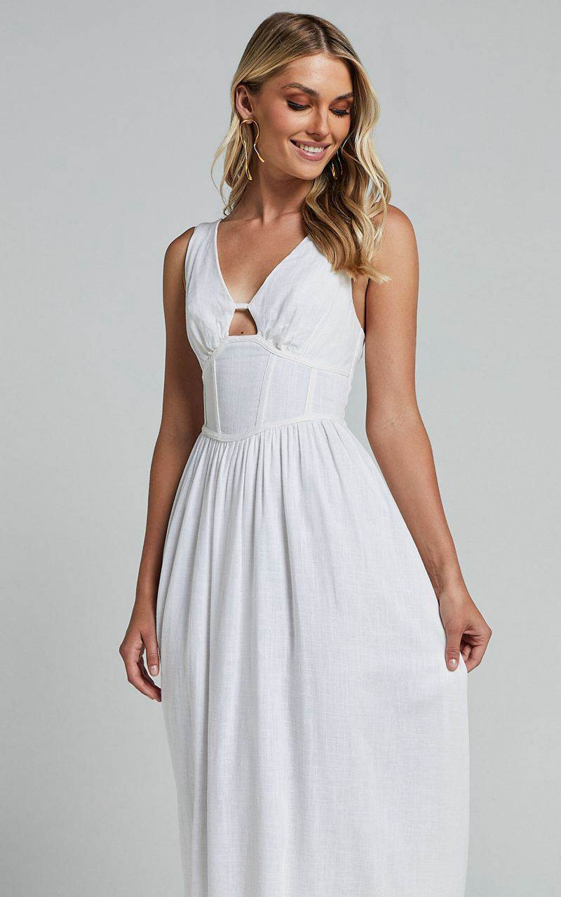 Showpo Amalie The Label - Chamika Linen Blend Bustier Double Tie Back Midi Dress White | HZONBQ869