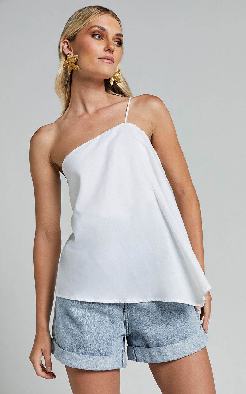 Showpo Amalie The Label - Charmonique Linen Asymmetric One Shoulder Cami Top White | OEUNYI734