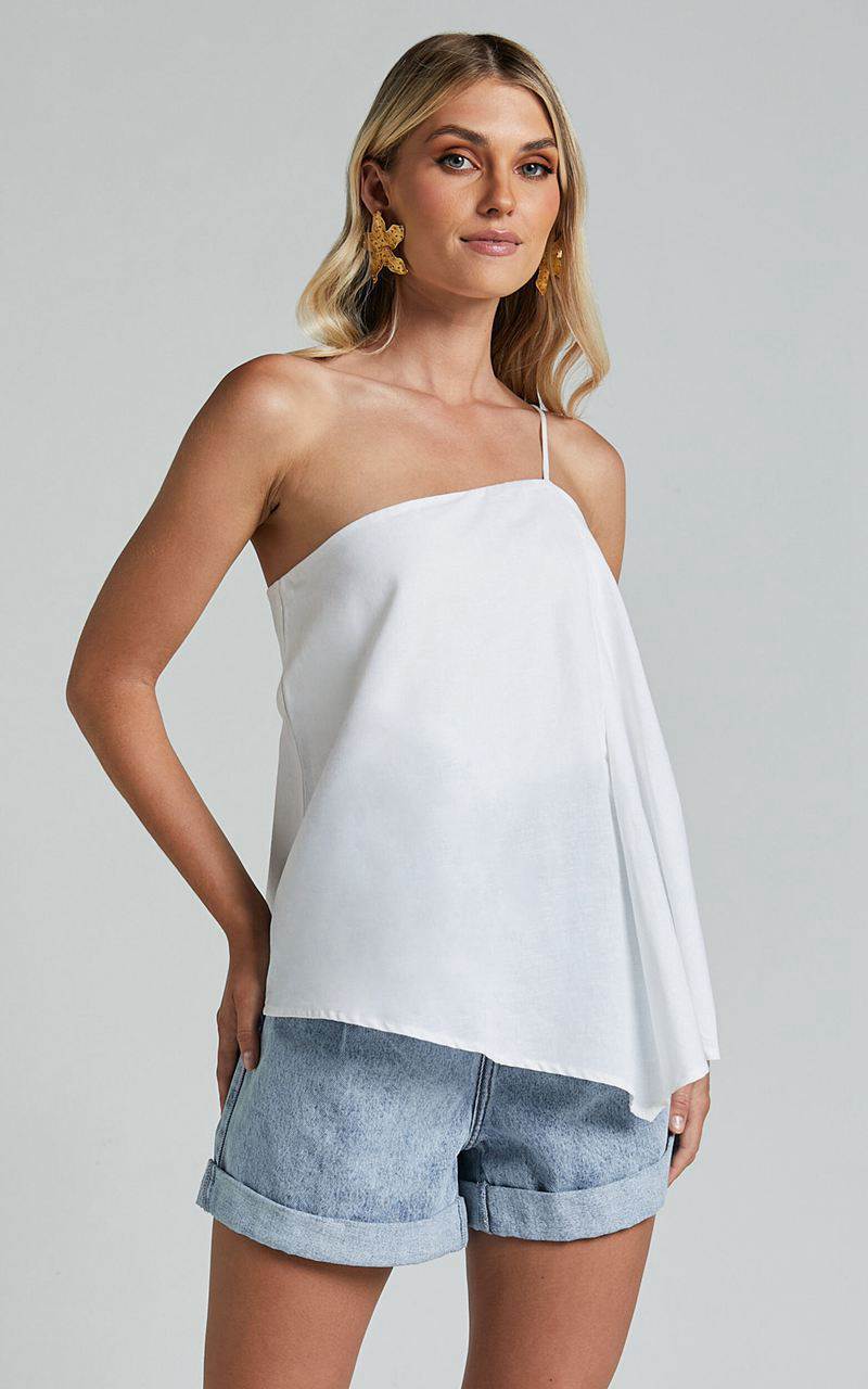 Showpo Amalie The Label - Charmonique Linen Asymmetric One Shoulder Cami Top White | OEUNYI734