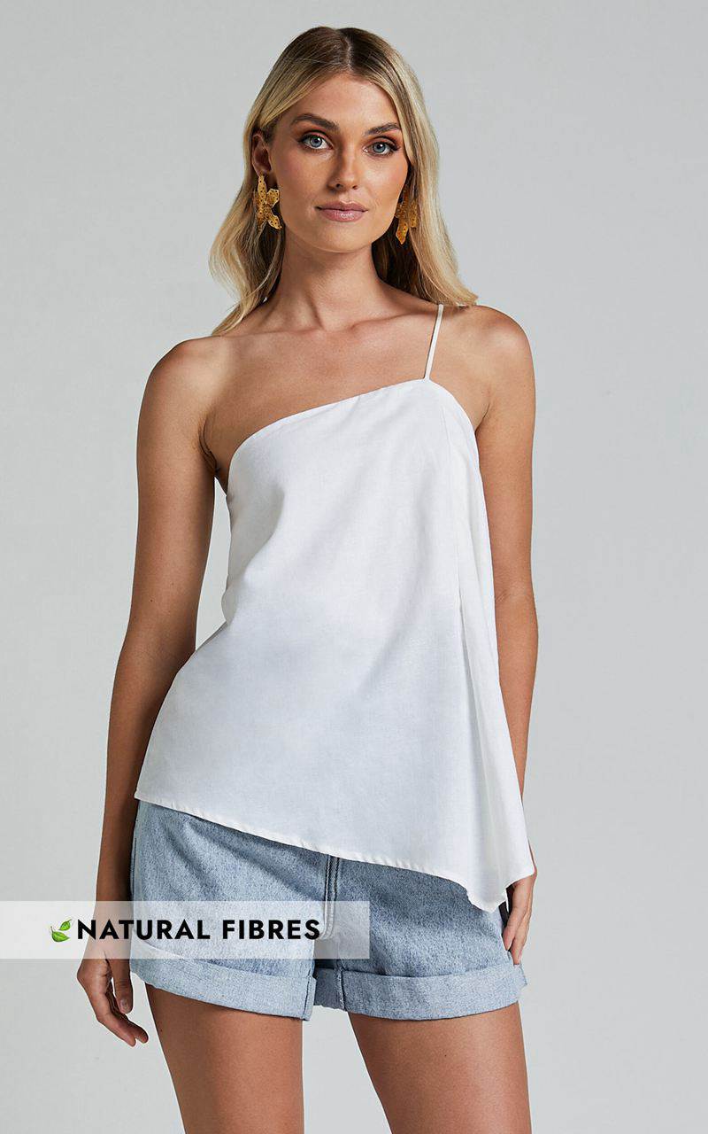 Showpo Amalie The Label - Charmonique Linen Asymmetric One Shoulder Cami Top White | OEUNYI734