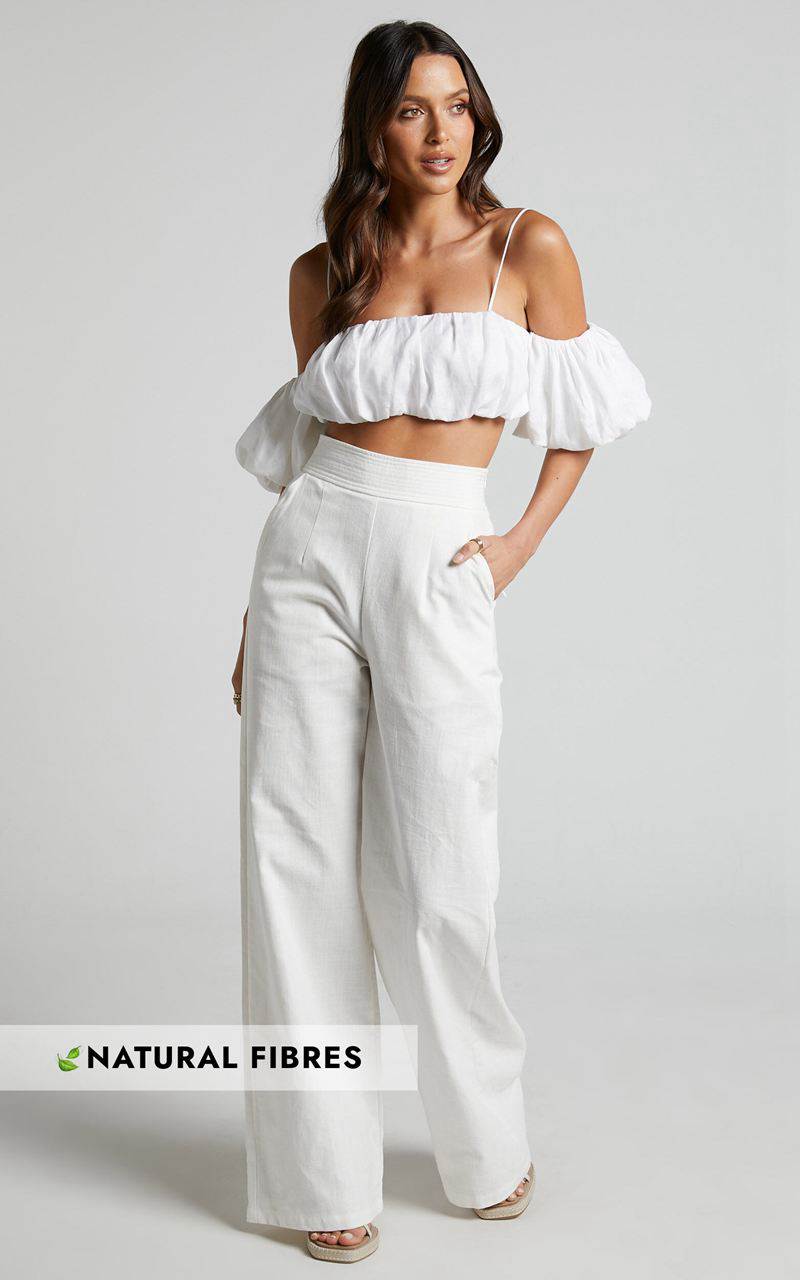 Showpo Amalie The Label - Charo Linen Look High Waisted Wide Leg Pants Warm White | HWDVXJ718