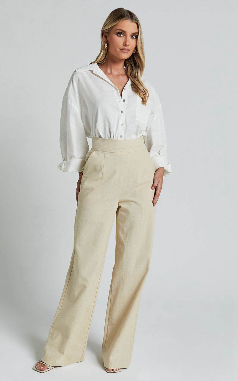 Showpo Amalie The Label - Charo Linen Look High Waisted Wide Leg Pants Stone | JSLCDQ653