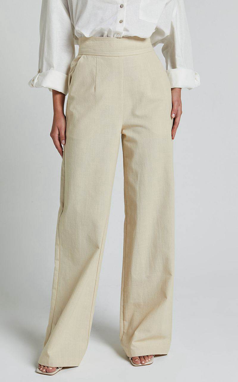 Showpo Amalie The Label - Charo Linen Look High Waisted Wide Leg Pants Stone | JSLCDQ653