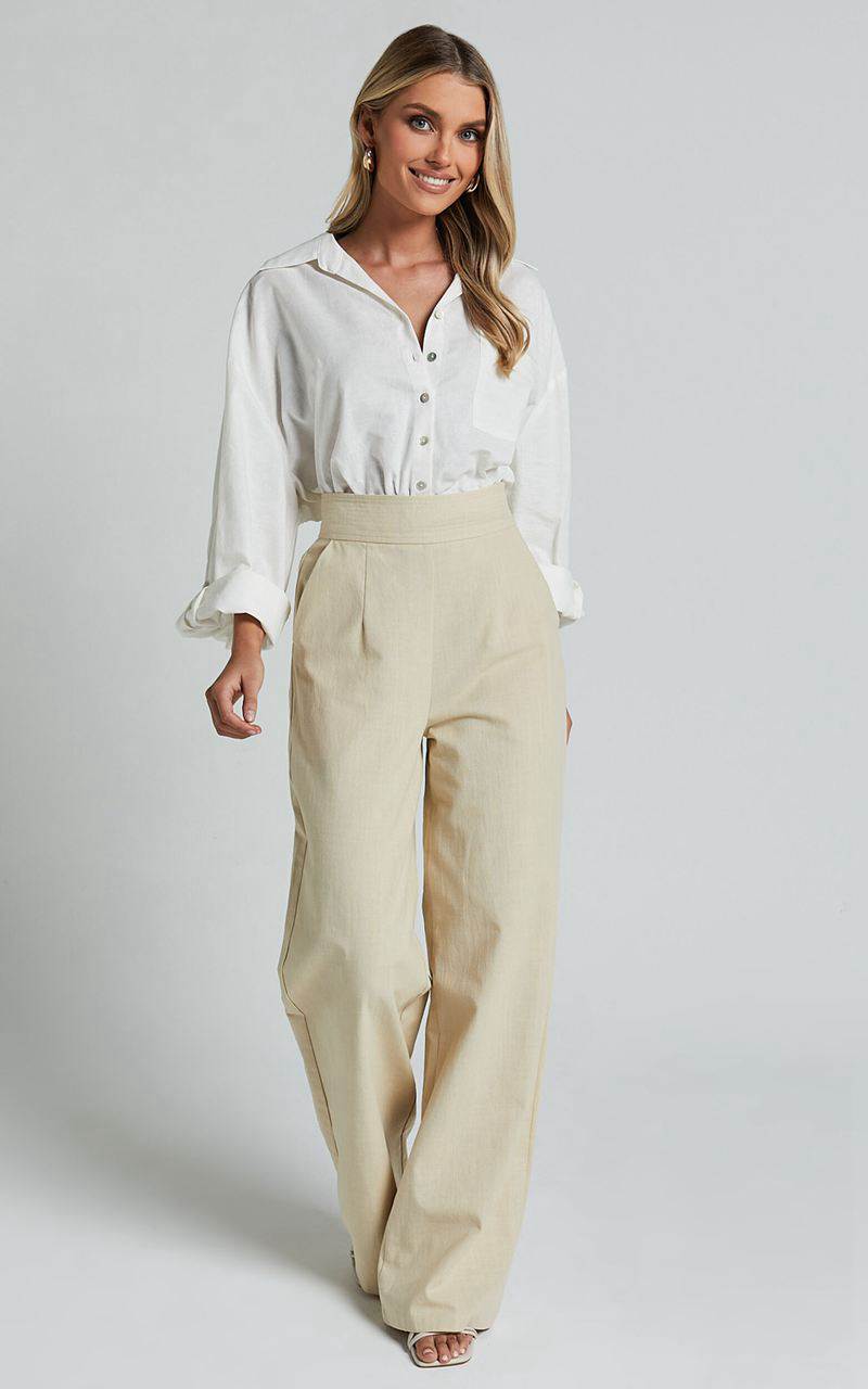 Showpo Amalie The Label - Charo Linen Look High Waisted Wide Leg Pants Stone | JSLCDQ653