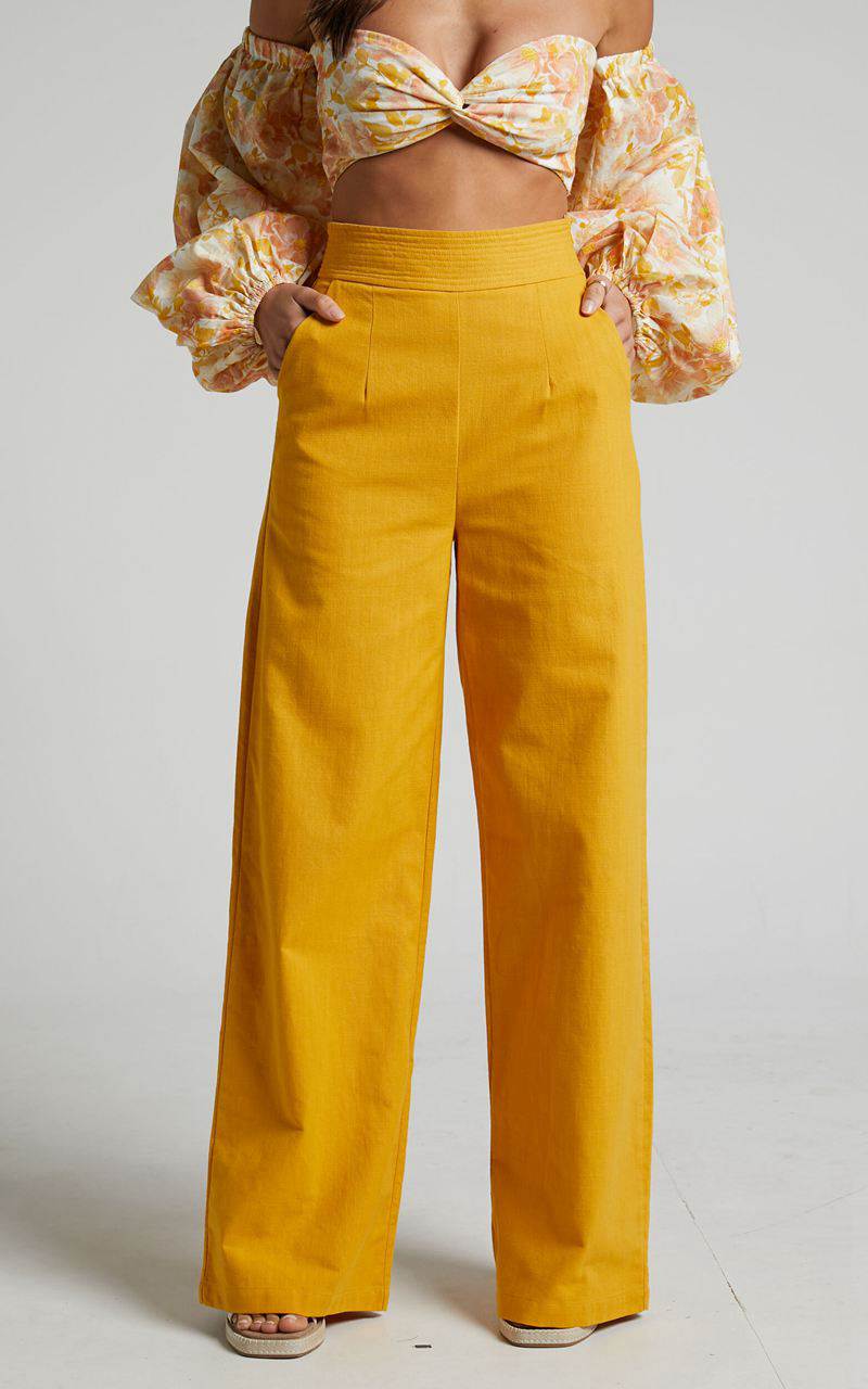 Showpo Amalie The Label - Charo Linen Look High Waisted Wide Leg Pants Mango | ASZTUR728