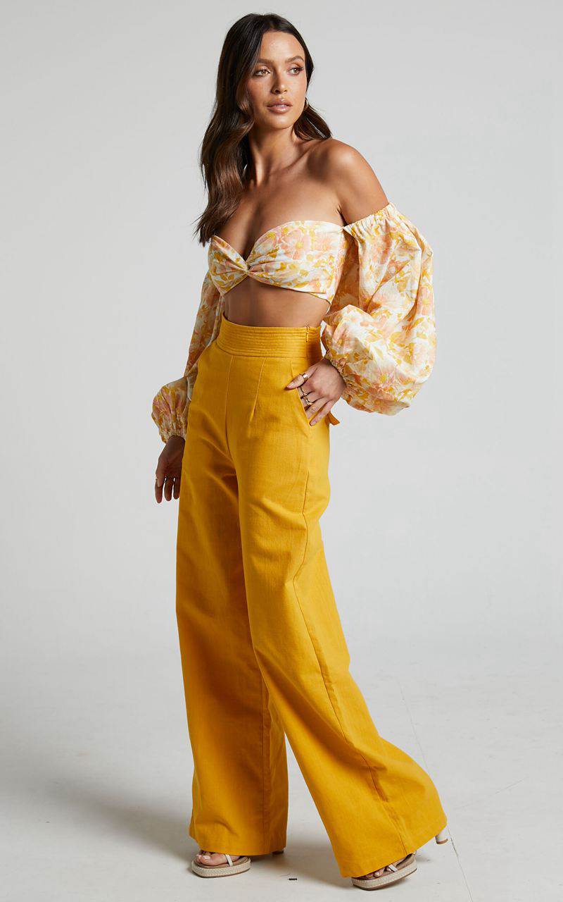 Showpo Amalie The Label - Charo Linen Look High Waisted Wide Leg Pants Mango | ASZTUR728