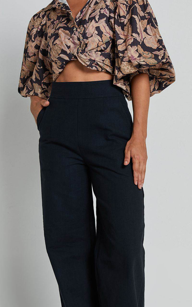 Showpo Amalie The Label - Charo Linen Look High Waisted Wide Leg Pants Black | HXQYIM738