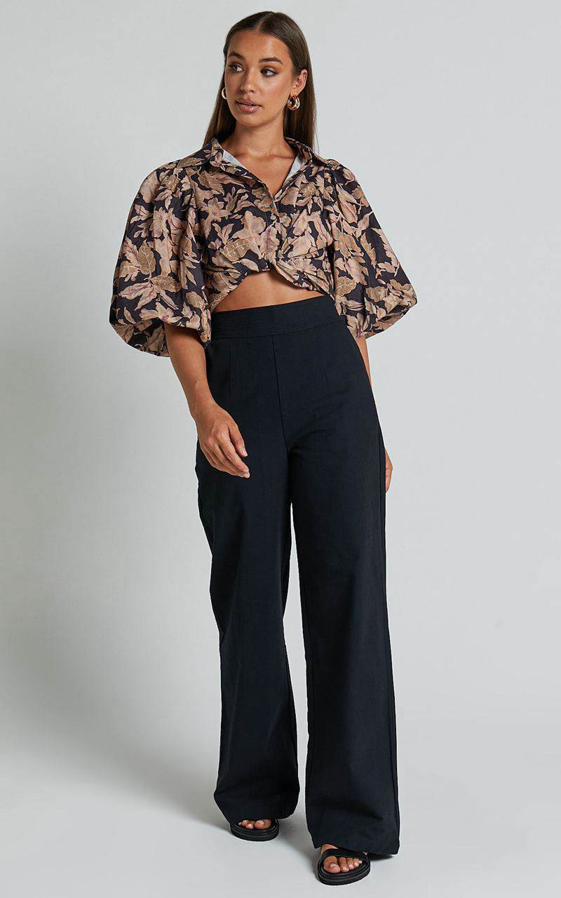 Showpo Amalie The Label - Charo Linen Look High Waisted Wide Leg Pants Black | HXQYIM738