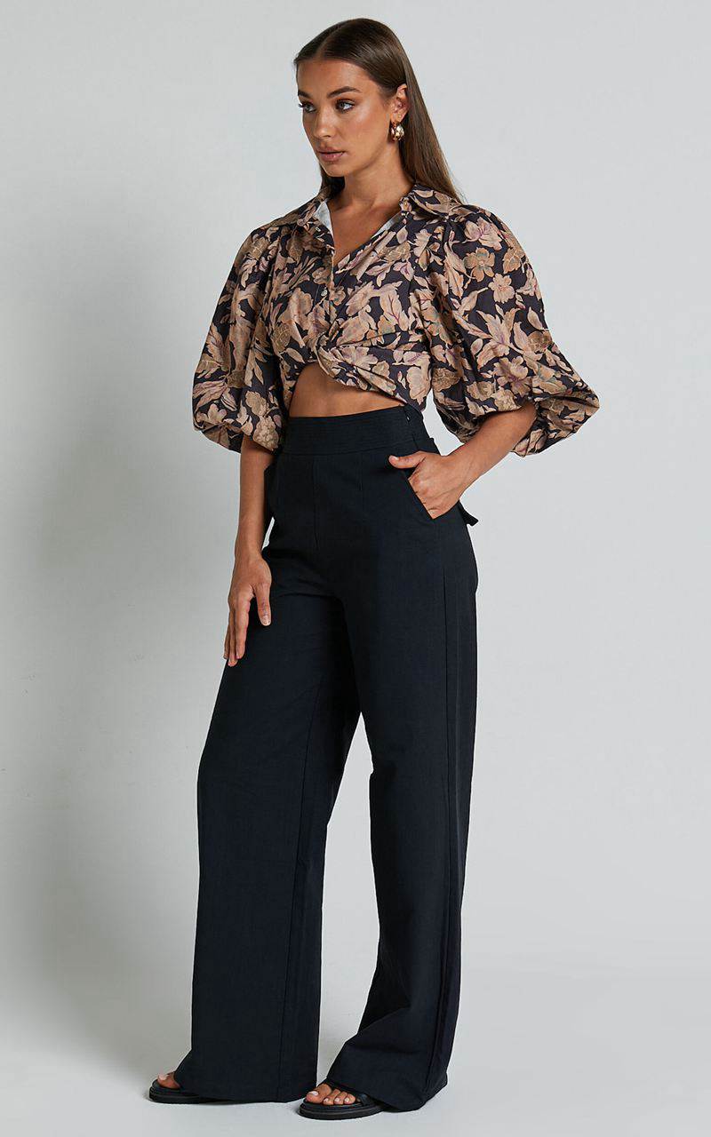 Showpo Amalie The Label - Charo Linen Look High Waisted Wide Leg Pants Black | HXQYIM738