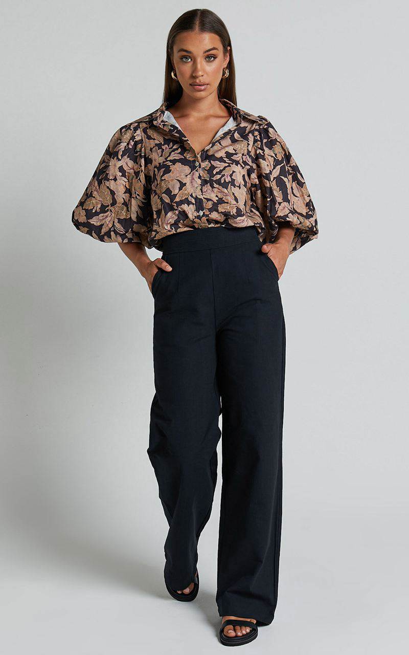 Showpo Amalie The Label - Charo Linen Look High Waisted Wide Leg Pants Black | HXQYIM738