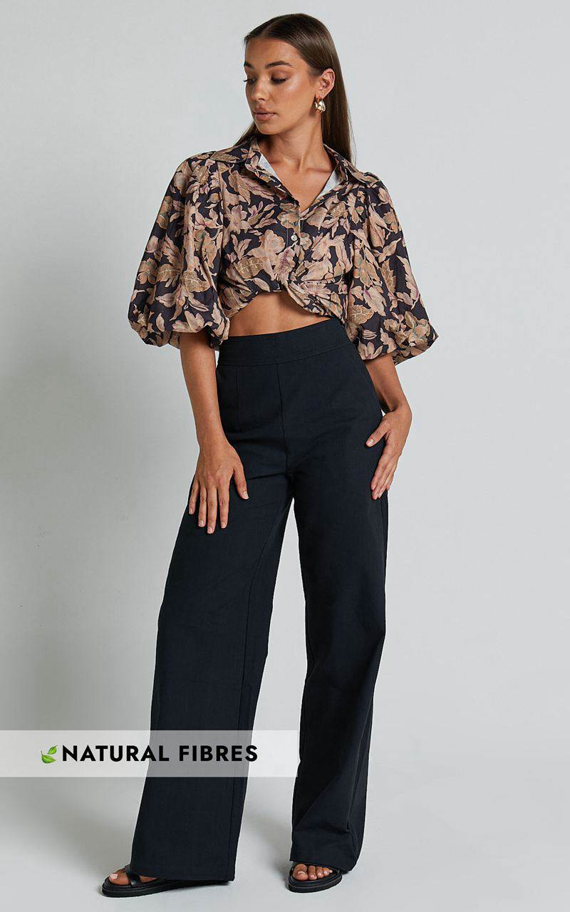 Showpo Amalie The Label - Charo Linen Look High Waisted Wide Leg Pants Black | HXQYIM738