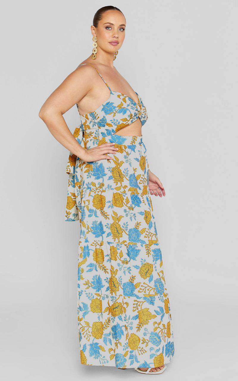 Showpo Amalie The Label - Emerita Linen Blend Sweetheart Twist Front Tie Back Midi Dress Valencia Floral | FMXELU476