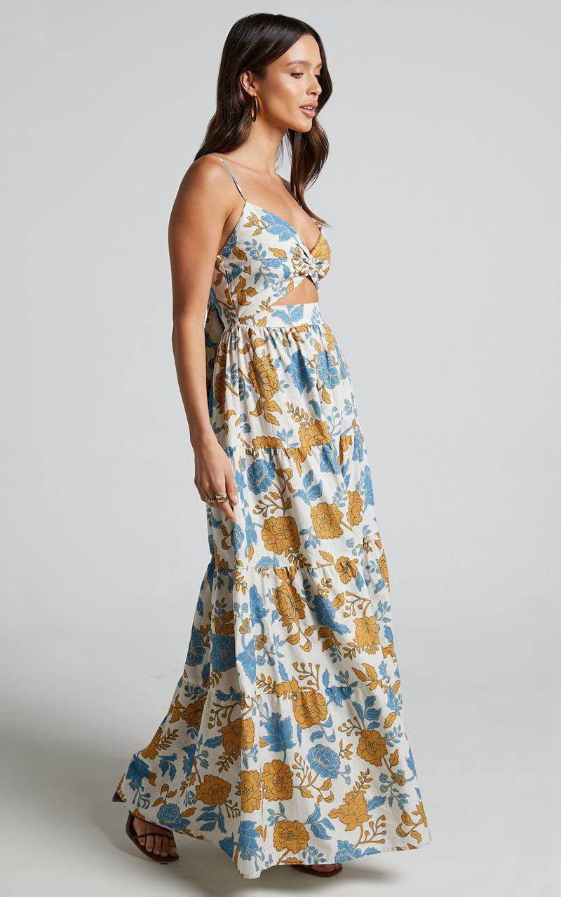 Showpo Amalie The Label - Emerita Linen Blend Sweetheart Twist Front Tie Back Midi Dress Valencia Floral | FMXELU476