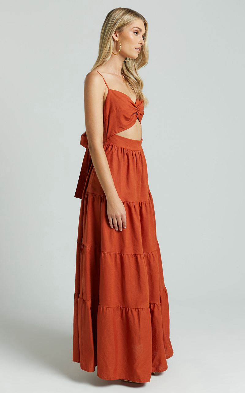 Showpo Amalie The Label - Emerita Linen Blend Sweetheart Twist Front Tie Back Midi Dress Burnt Sienna | WICRQE956