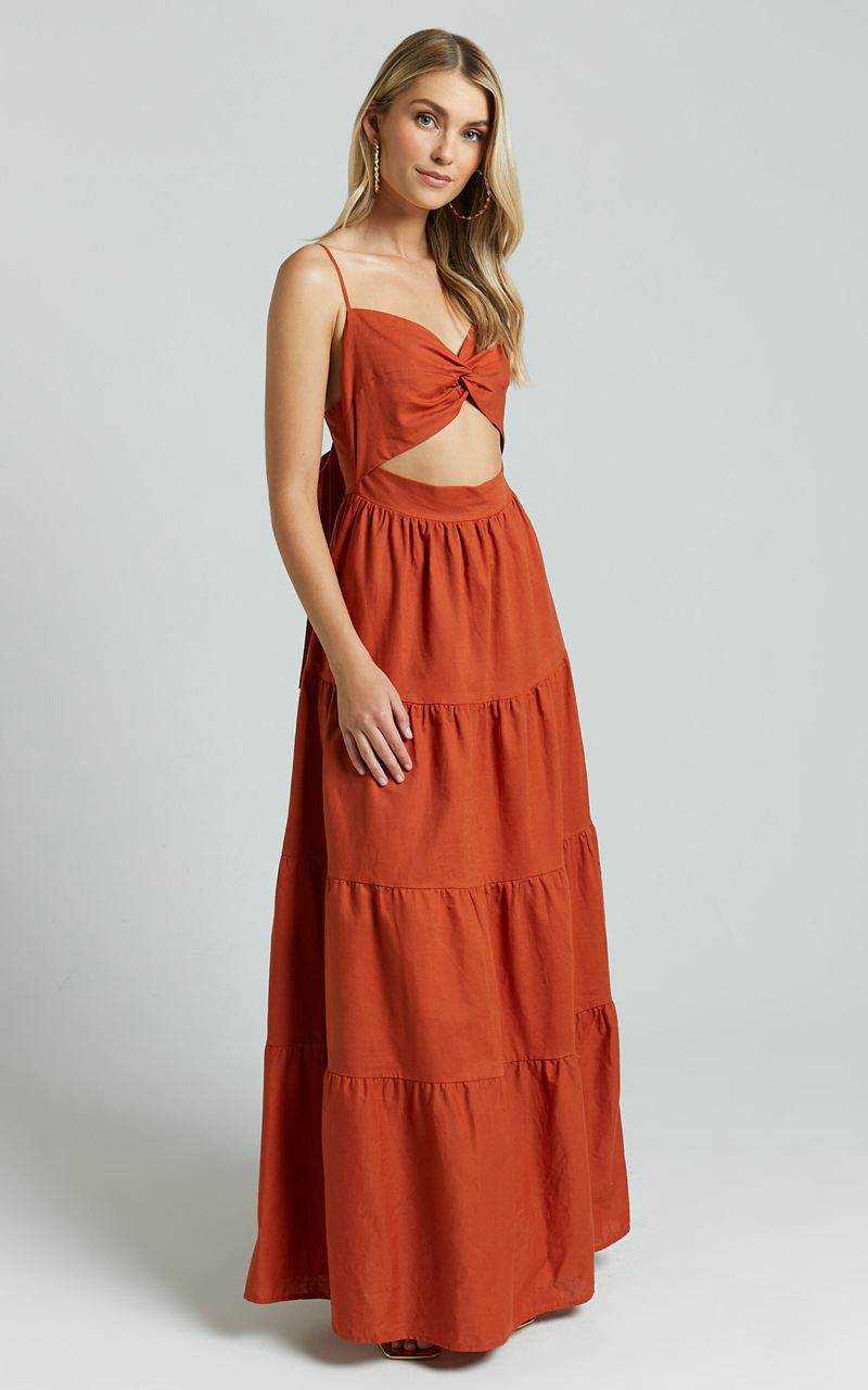 Showpo Amalie The Label - Emerita Linen Blend Sweetheart Twist Front Tie Back Midi Dress Burnt Sienna | WICRQE956