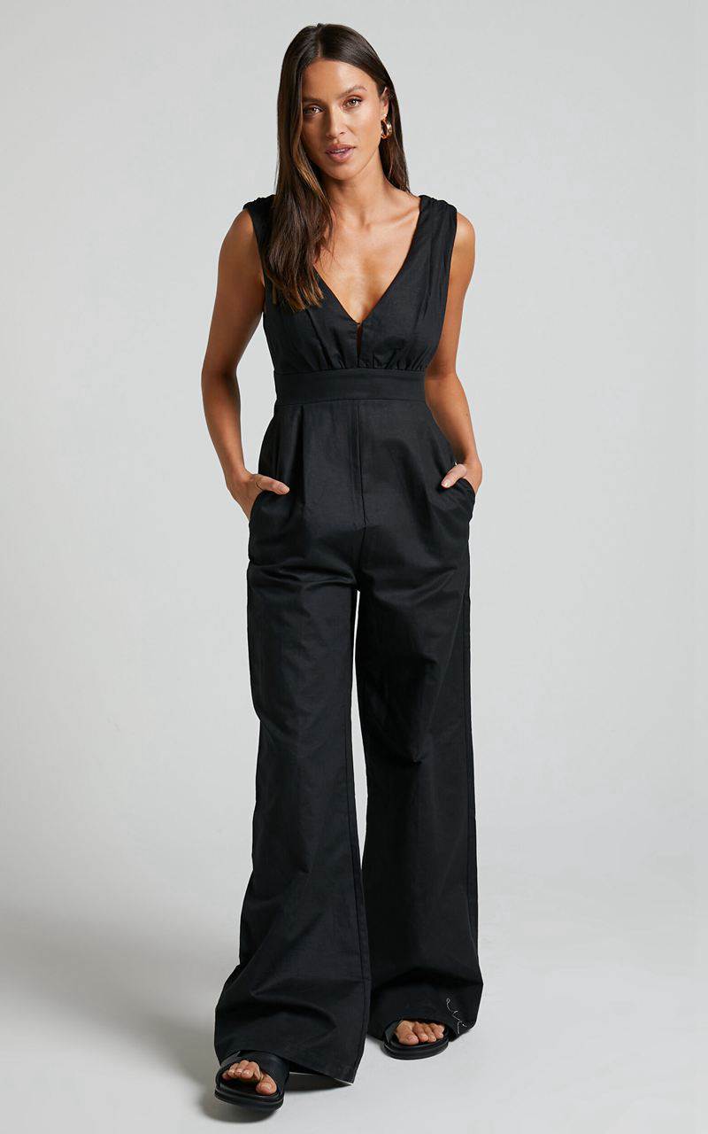 Showpo Amalie The Label - Emiliana Linen Blend Plunge Wide Leg Jumpsuit Black | GZCOYD130