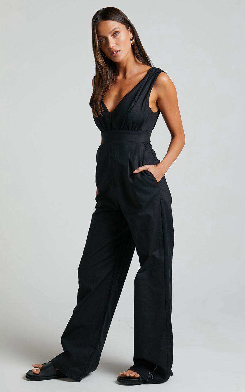 Showpo Amalie The Label - Emiliana Linen Blend Plunge Wide Leg Jumpsuit Black | GZCOYD130