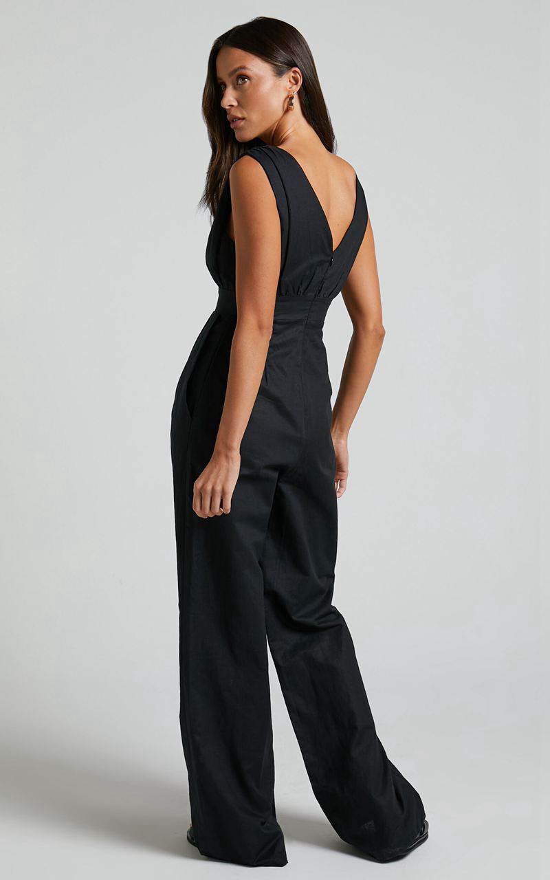 Showpo Amalie The Label - Emiliana Linen Blend Plunge Wide Leg Jumpsuit Black | GZCOYD130