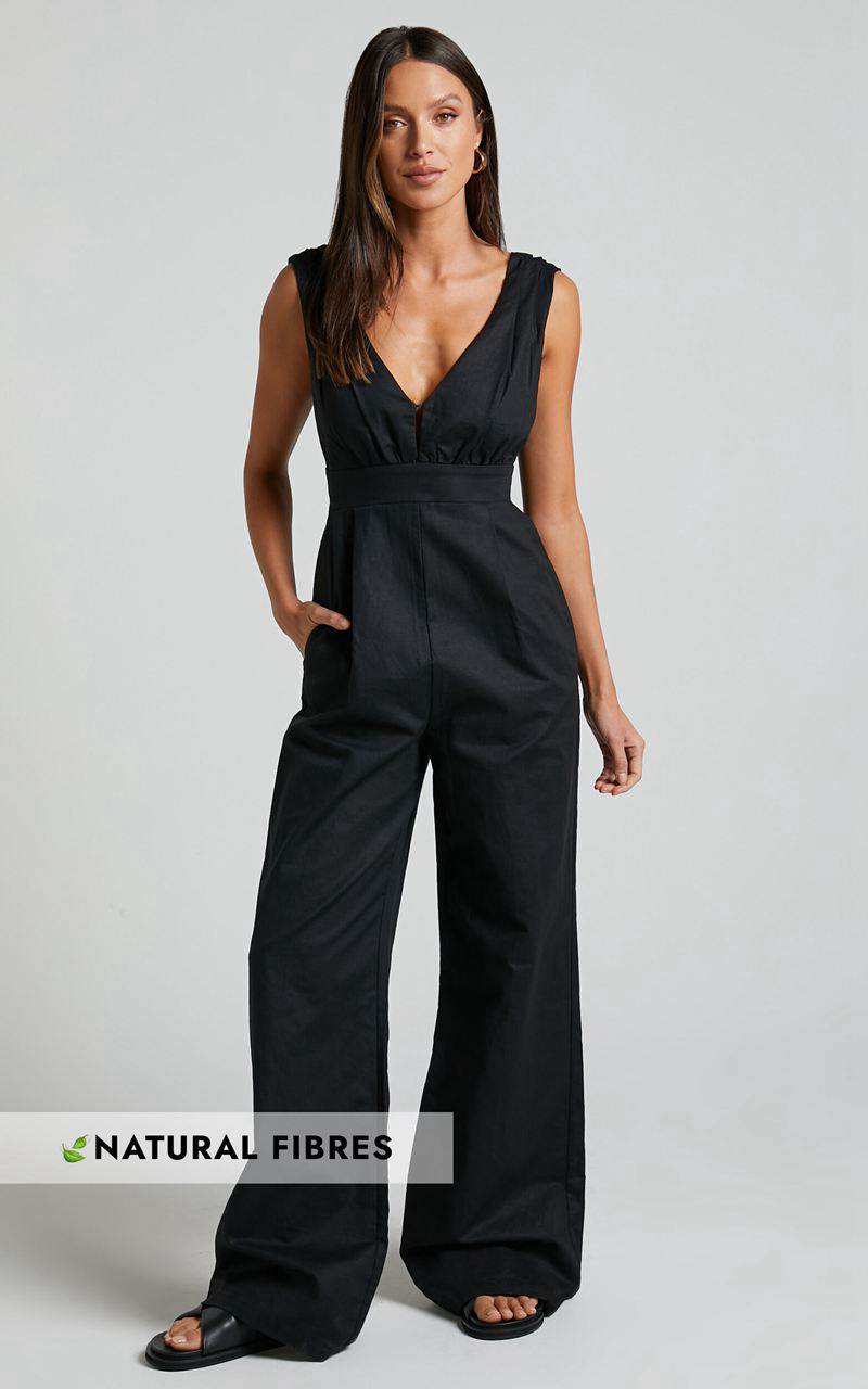 Showpo Amalie The Label - Emiliana Linen Blend Plunge Wide Leg Jumpsuit Black | GZCOYD130