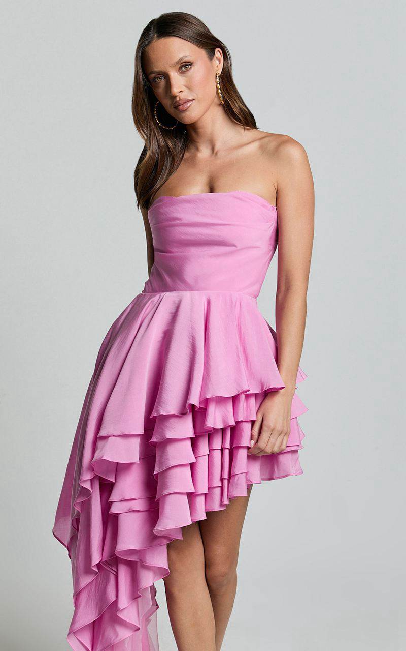 Showpo Amalie The Label - Everly Strapless Asymmetrical Tiered Mini Dress Pink | XVGCQZ870