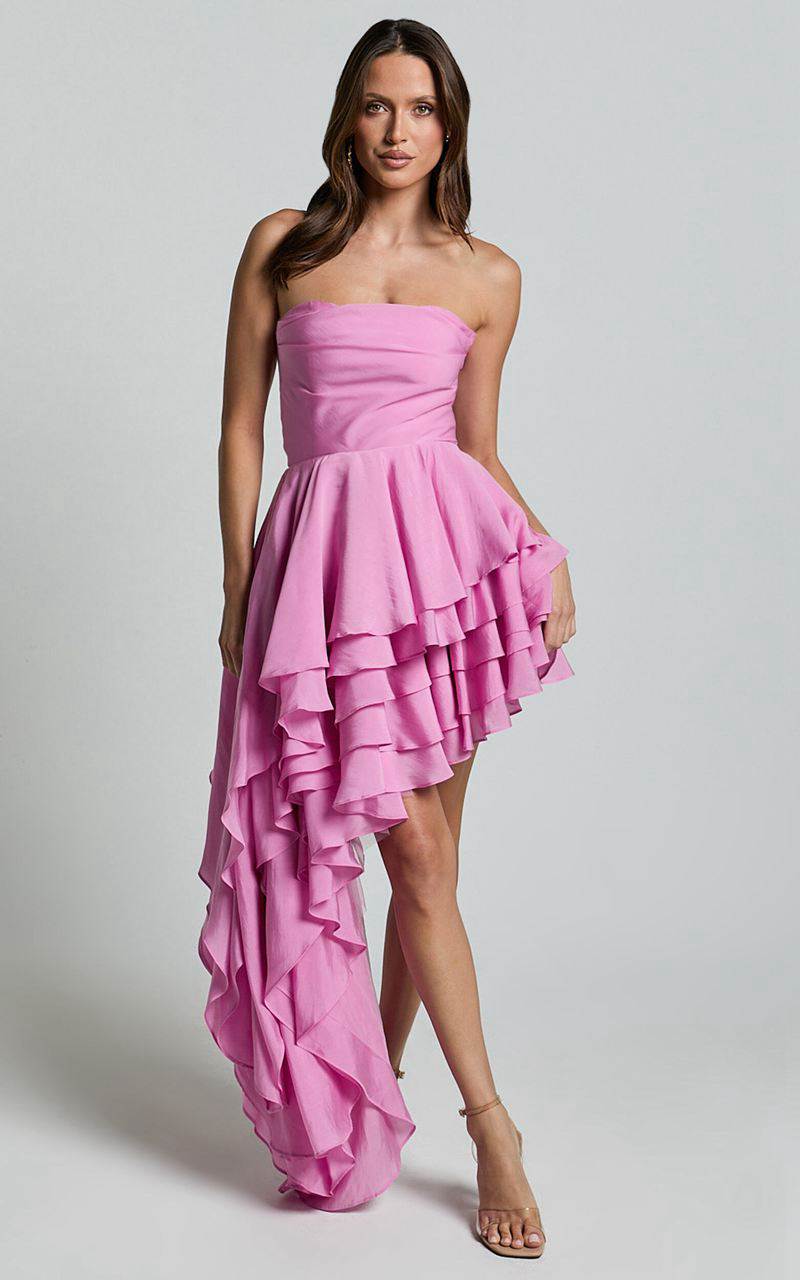 Showpo Amalie The Label - Everly Strapless Asymmetrical Tiered Mini Dress Pink | XVGCQZ870