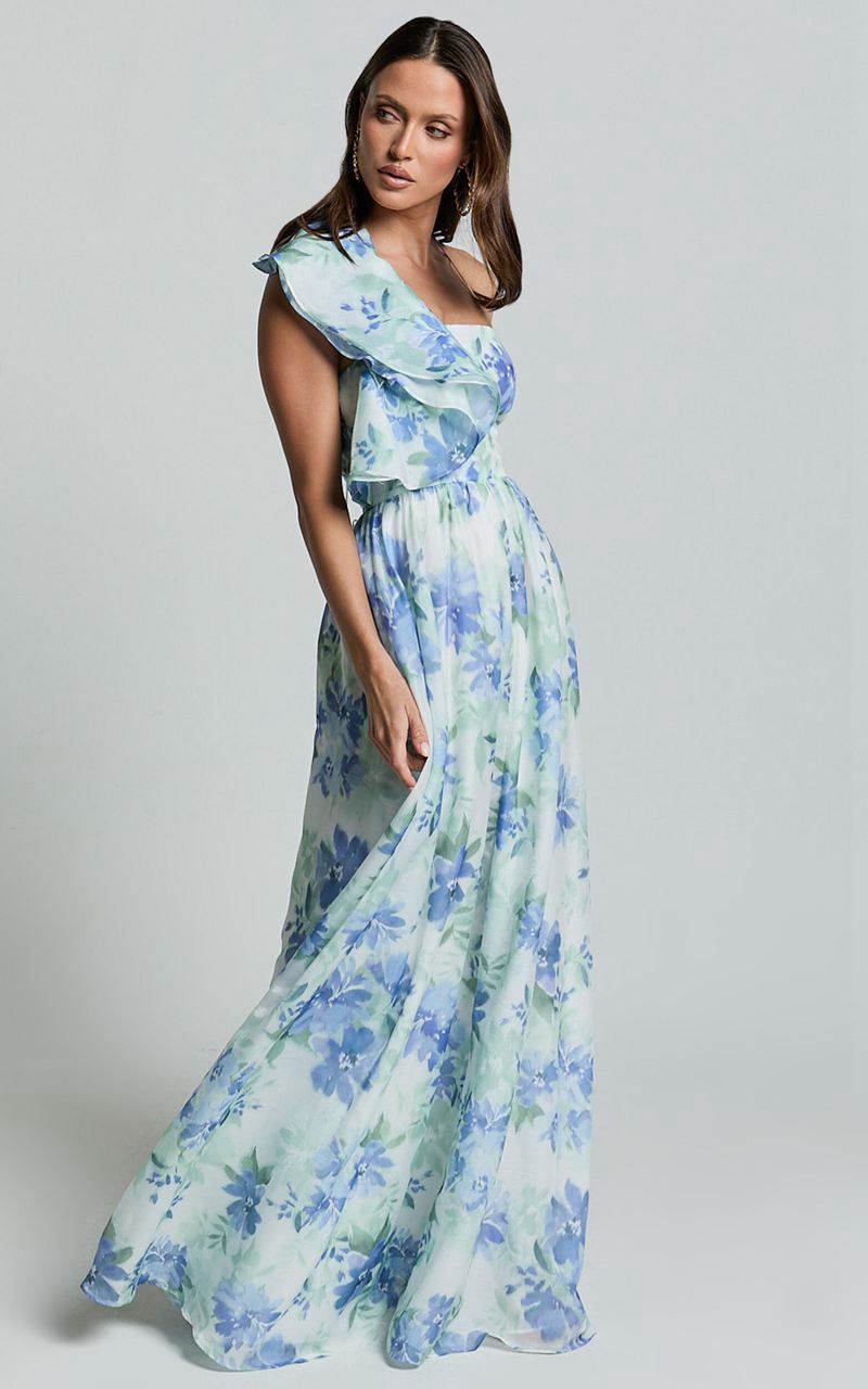 Showpo Amalie The Label - Fleur Halter Ruffle Detail A Line Maxi Dress Elysian Print | GCPYHK701