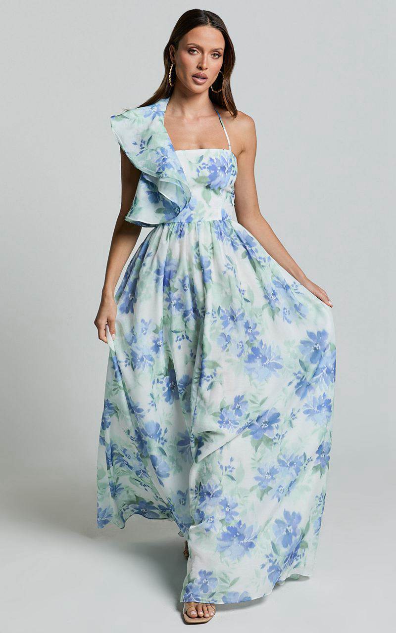 Showpo Amalie The Label - Fleur Halter Ruffle Detail A Line Maxi Dress Elysian Print | GCPYHK701