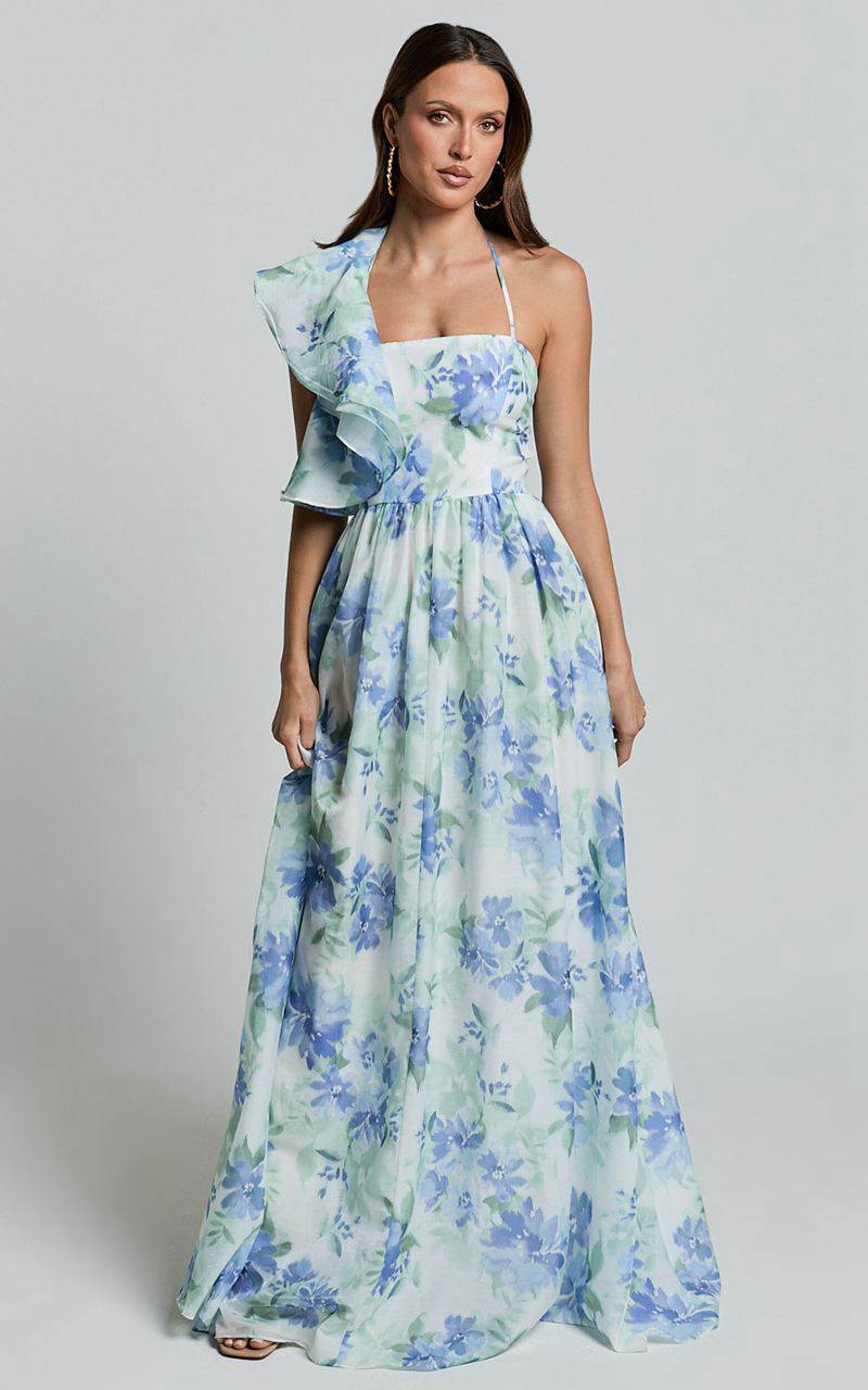 Showpo Amalie The Label - Fleur Halter Ruffle Detail A Line Maxi Dress Elysian Print | GCPYHK701