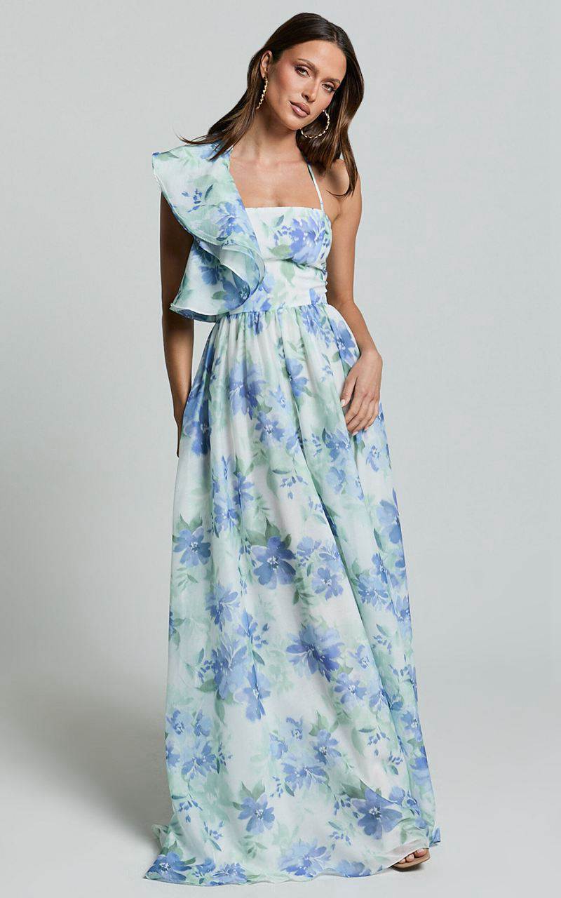 Showpo Amalie The Label - Fleur Halter Ruffle Detail A Line Maxi Dress Elysian Print | GCPYHK701