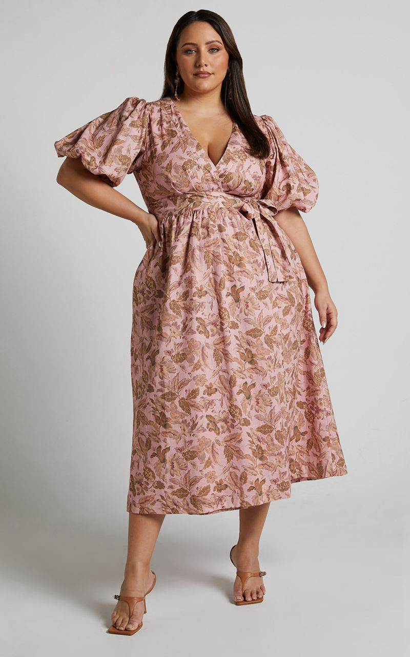 Showpo Amalie The Label - Franc Linen Puff Sleeve Wrap Midi Dress Vahala Print | FTGNOL528