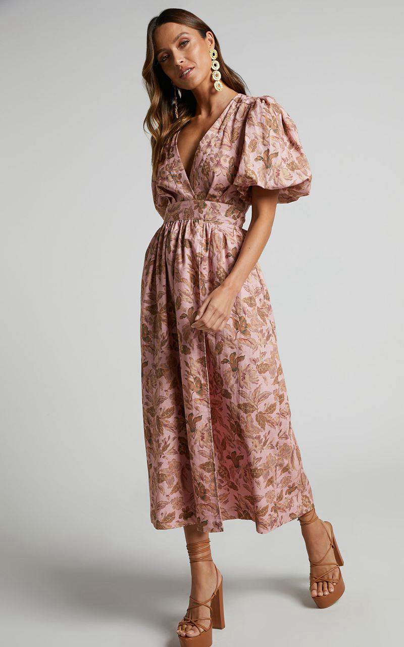 Showpo Amalie The Label - Franc Linen Puff Sleeve Wrap Midi Dress Vahala Print | FTGNOL528