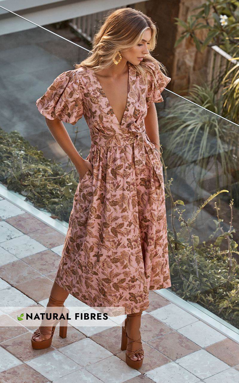 Showpo Amalie The Label - Franc Linen Puff Sleeve Wrap Midi Dress Vahala Print | FTGNOL528