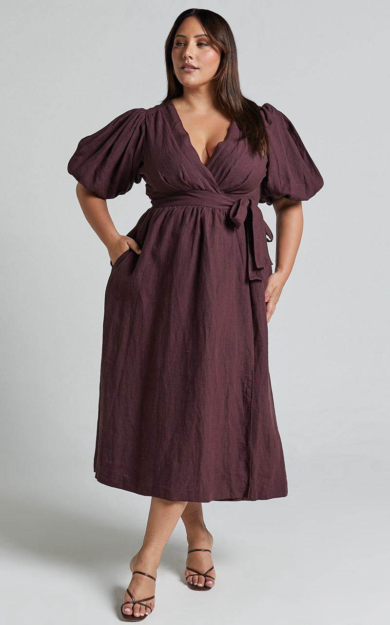 Showpo Amalie The Label - Franc Linen Puff Sleeve Wrap Midi Dress Dark Plum | FGDEUQ234