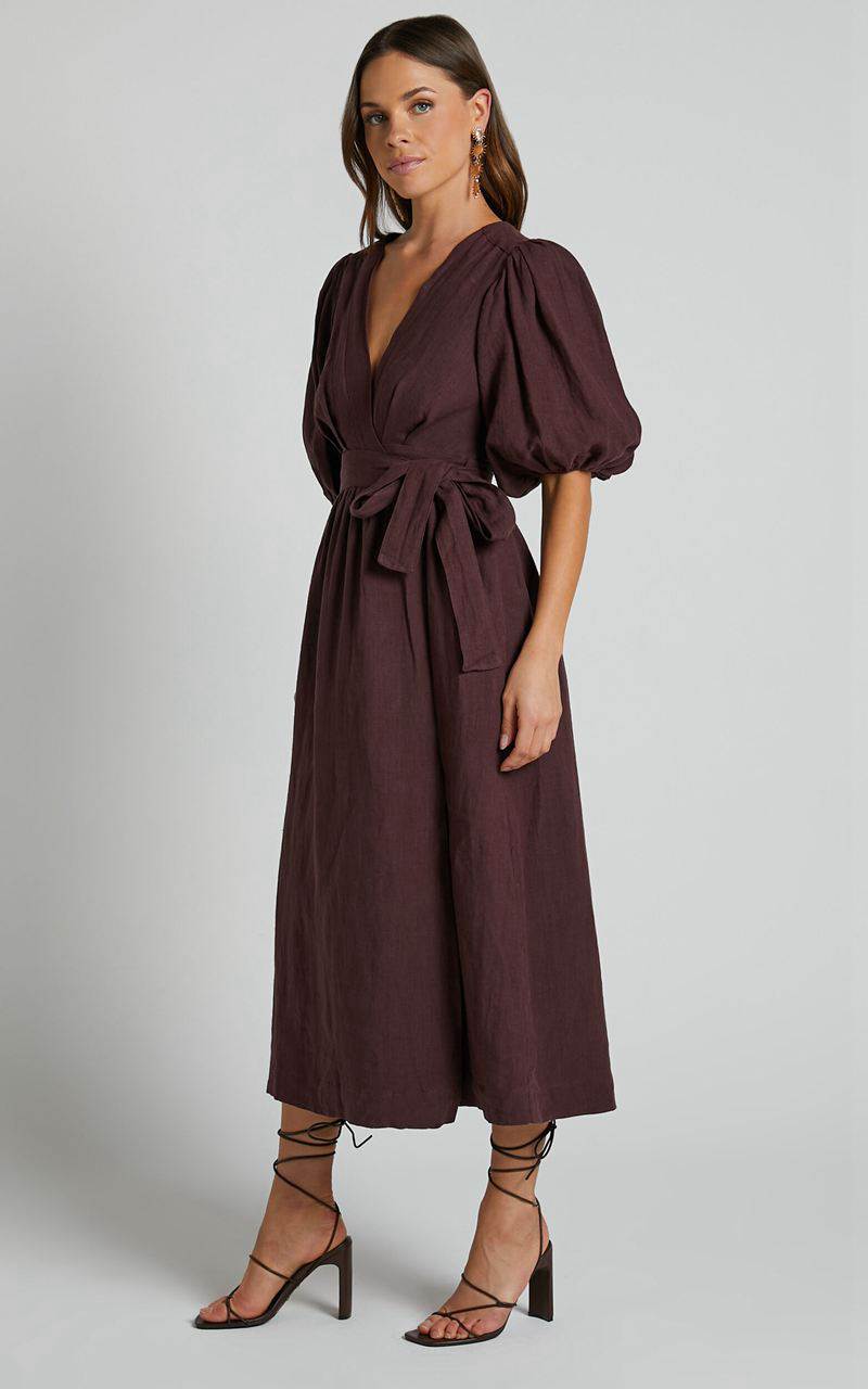 Showpo Amalie The Label - Franc Linen Puff Sleeve Wrap Midi Dress Dark Plum | FGDEUQ234