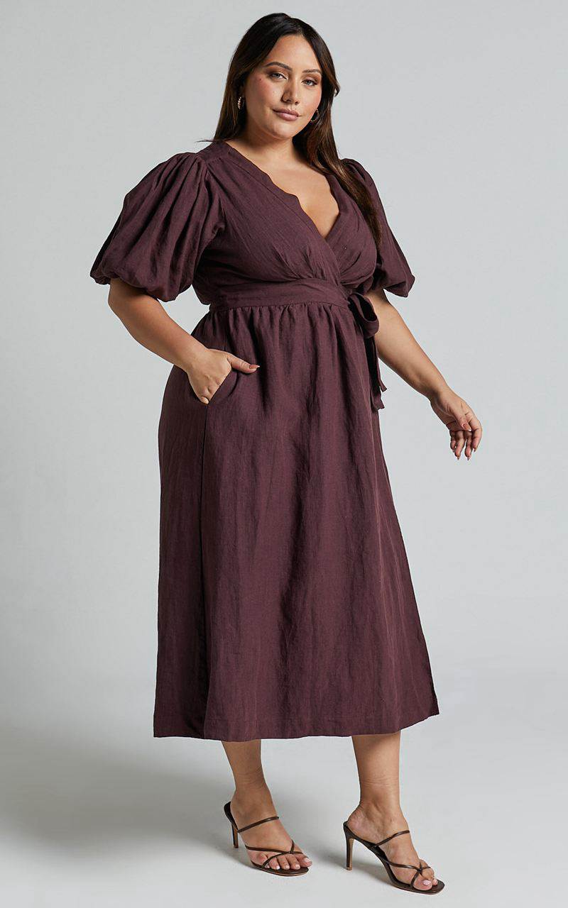 Showpo Amalie The Label - Franc Linen Puff Sleeve Wrap Midi Dress Dark Plum | FGDEUQ234