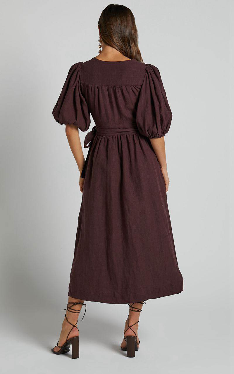 Showpo Amalie The Label - Franc Linen Puff Sleeve Wrap Midi Dress Dark Plum | FGDEUQ234