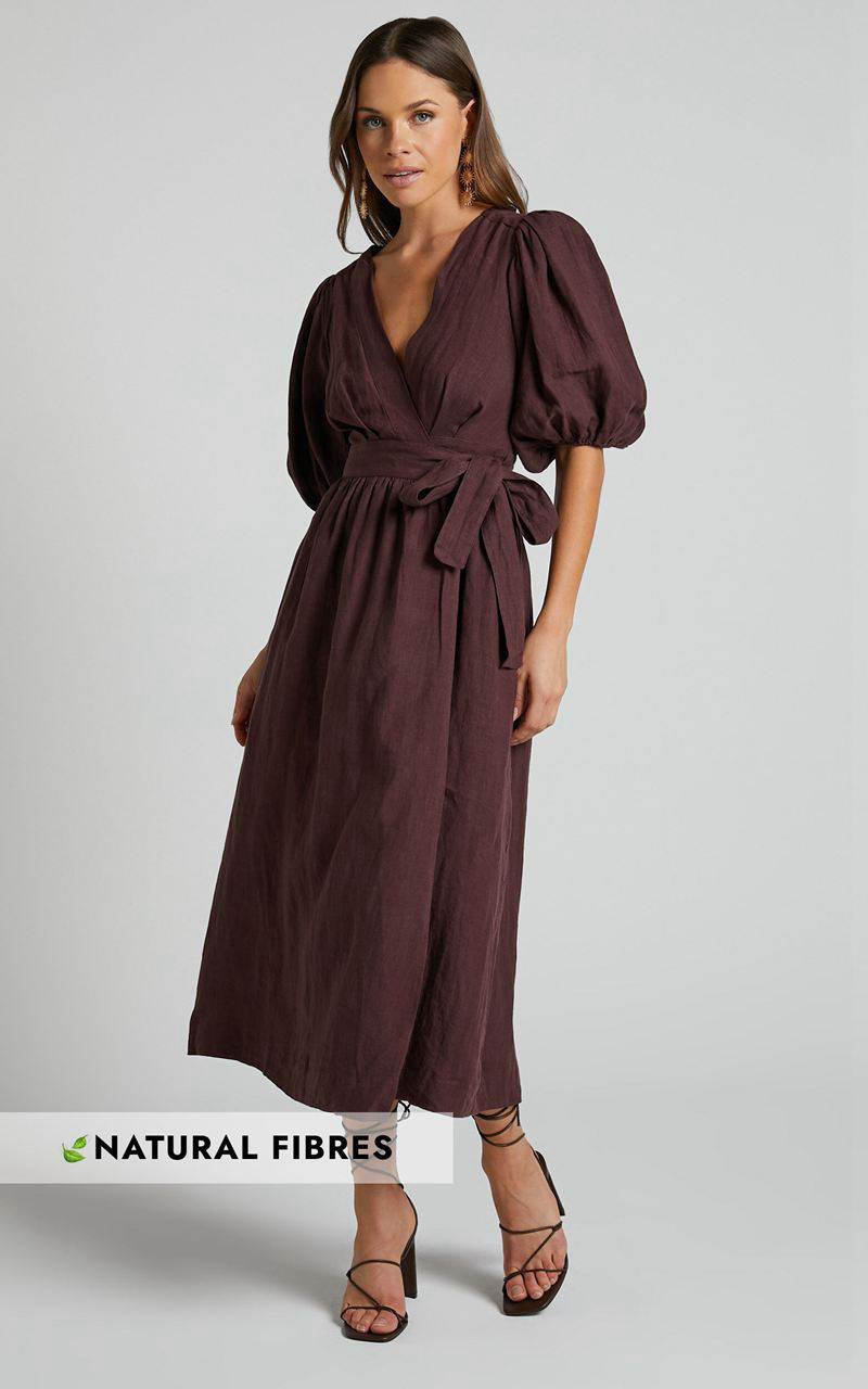 Showpo Amalie The Label - Franc Linen Puff Sleeve Wrap Midi Dress Dark Plum | FGDEUQ234