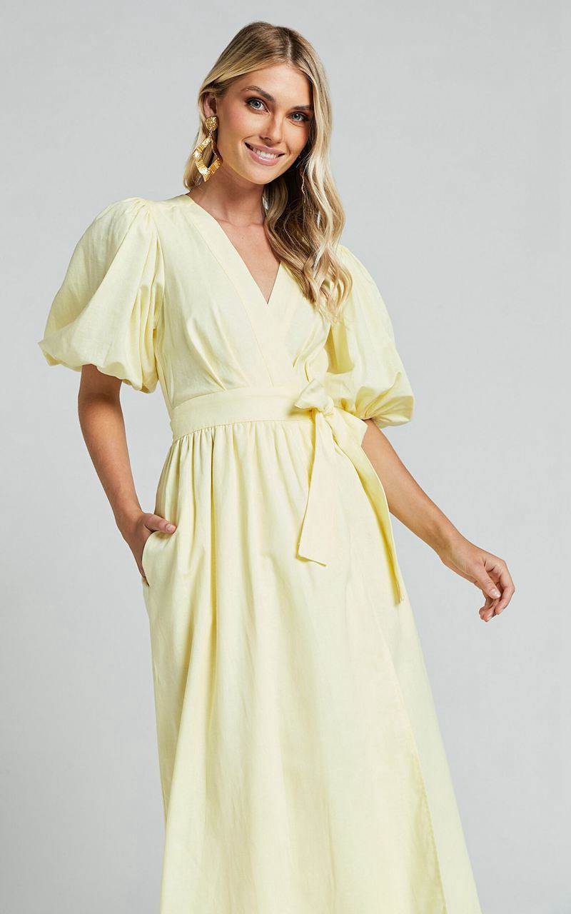 Showpo Amalie The Label - Franc Linen Puff Sleeve Wrap Midi Dress Lemon | XNFEVC106