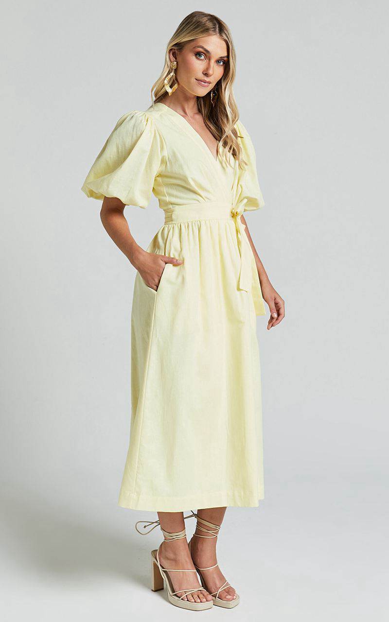 Showpo Amalie The Label - Franc Linen Puff Sleeve Wrap Midi Dress Lemon | XNFEVC106