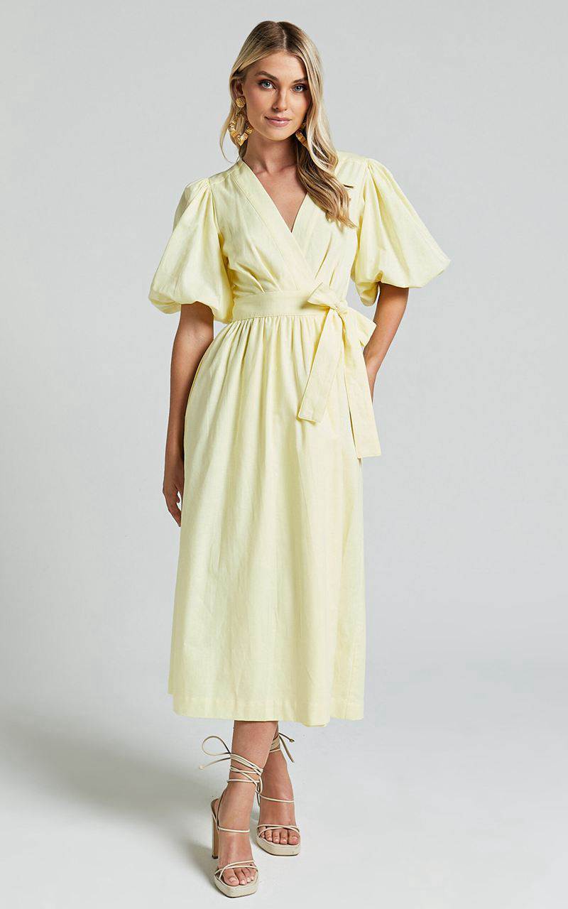 Showpo Amalie The Label - Franc Linen Puff Sleeve Wrap Midi Dress Lemon | XNFEVC106