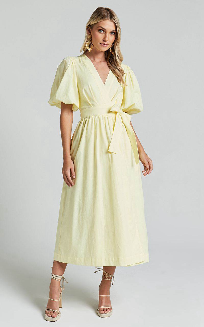 Showpo Amalie The Label - Franc Linen Puff Sleeve Wrap Midi Dress Lemon | XNFEVC106