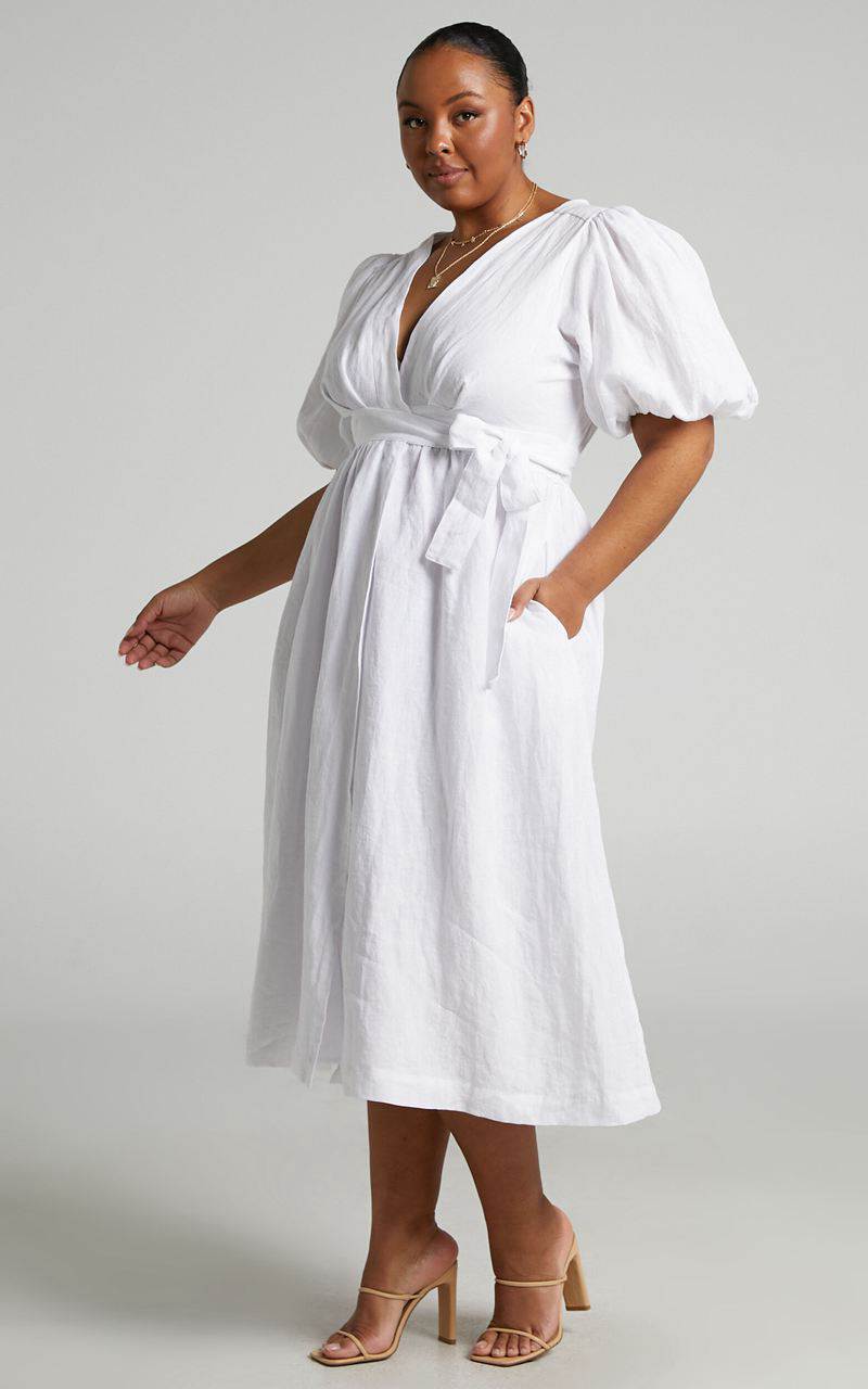 Showpo Amalie The Label - Franc Linen Puff Sleeve Wrap Midi Dress White | LWDNQH478