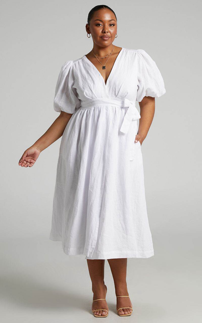 Showpo Amalie The Label - Franc Linen Puff Sleeve Wrap Midi Dress White | LWDNQH478