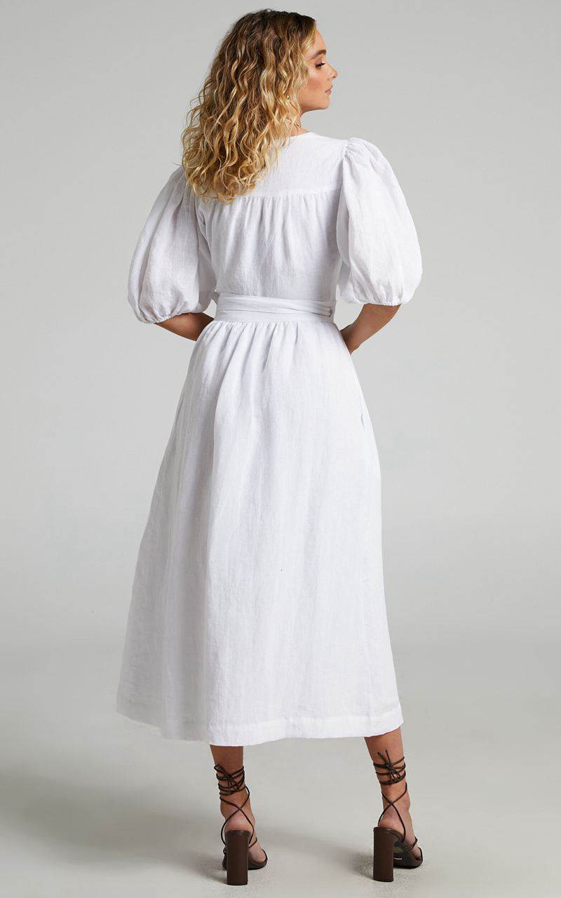 Showpo Amalie The Label - Franc Linen Puff Sleeve Wrap Midi Dress White | LWDNQH478