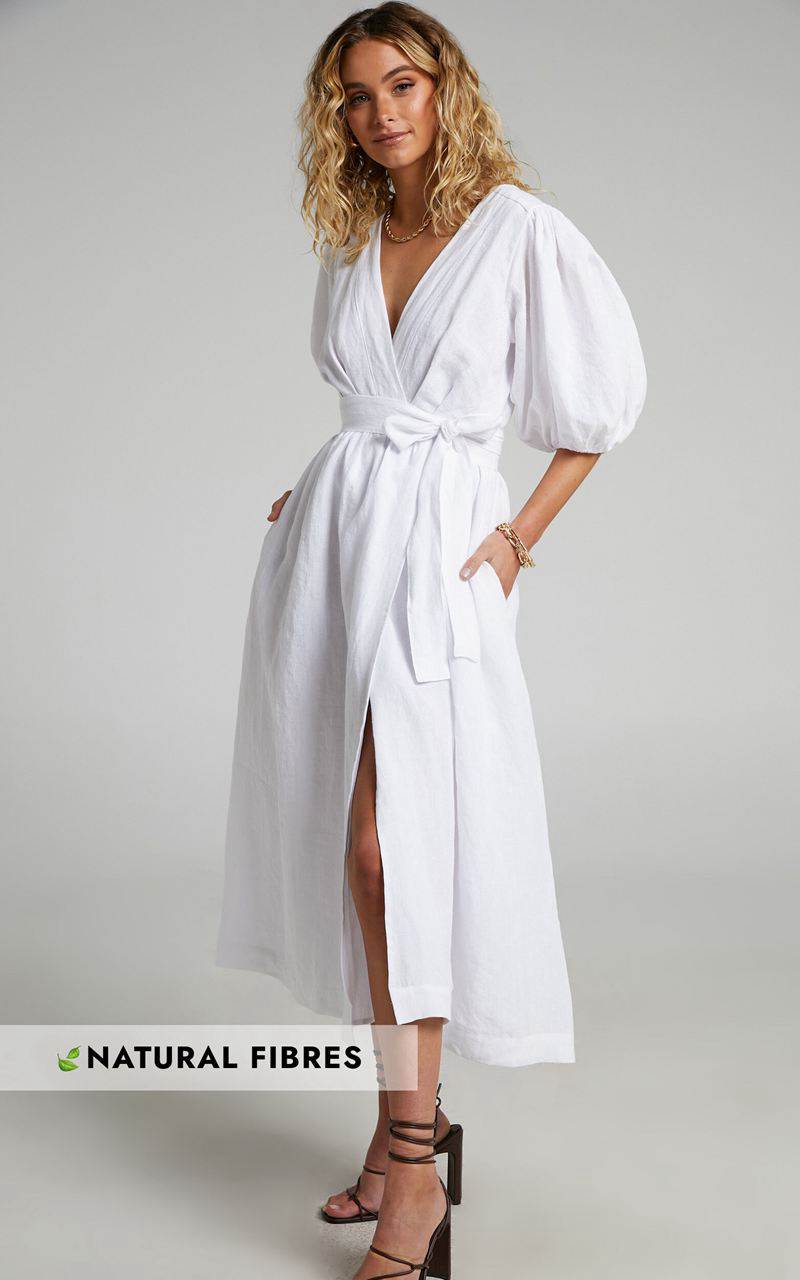 Showpo Amalie The Label - Franc Linen Puff Sleeve Wrap Midi Dress White | LWDNQH478