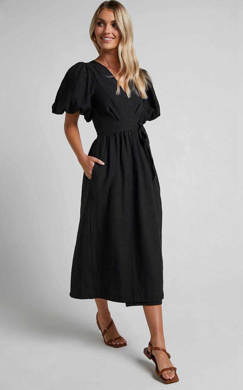 Showpo Amalie The Label - Franc Linen Puff Sleeve Wrap Midi Dress Black | RDLEFG254