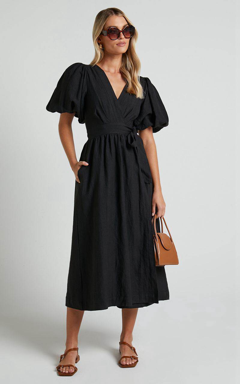 Showpo Amalie The Label - Franc Linen Puff Sleeve Wrap Midi Dress Black | RDLEFG254