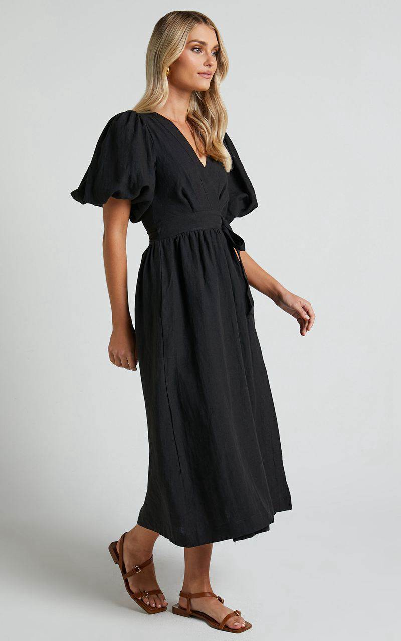 Showpo Amalie The Label - Franc Linen Puff Sleeve Wrap Midi Dress Black | RDLEFG254