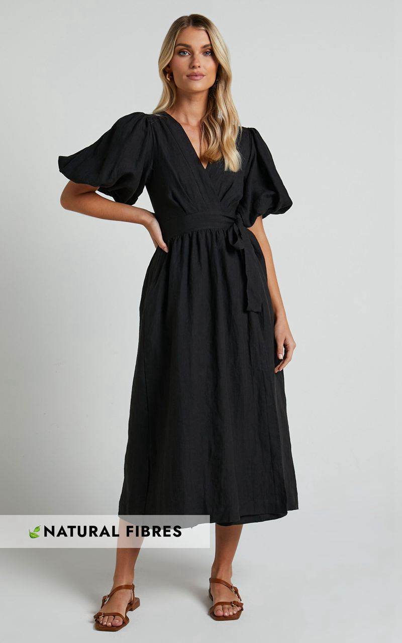 Showpo Amalie The Label - Franc Linen Puff Sleeve Wrap Midi Dress Black | RDLEFG254