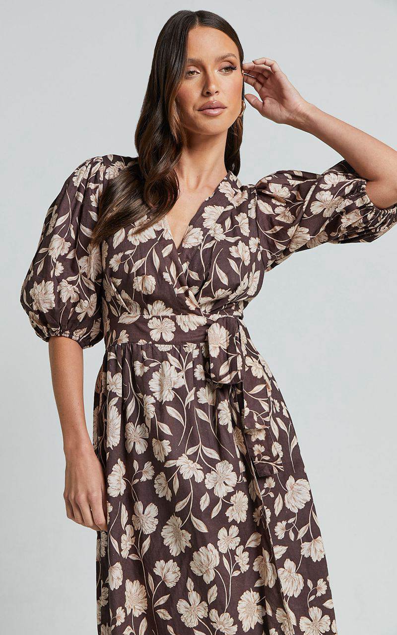 Showpo Amalie The Label - Francie Linen Blend Puff Sleeve Wrap Midi Dress Sahara Print | EGJYIT791